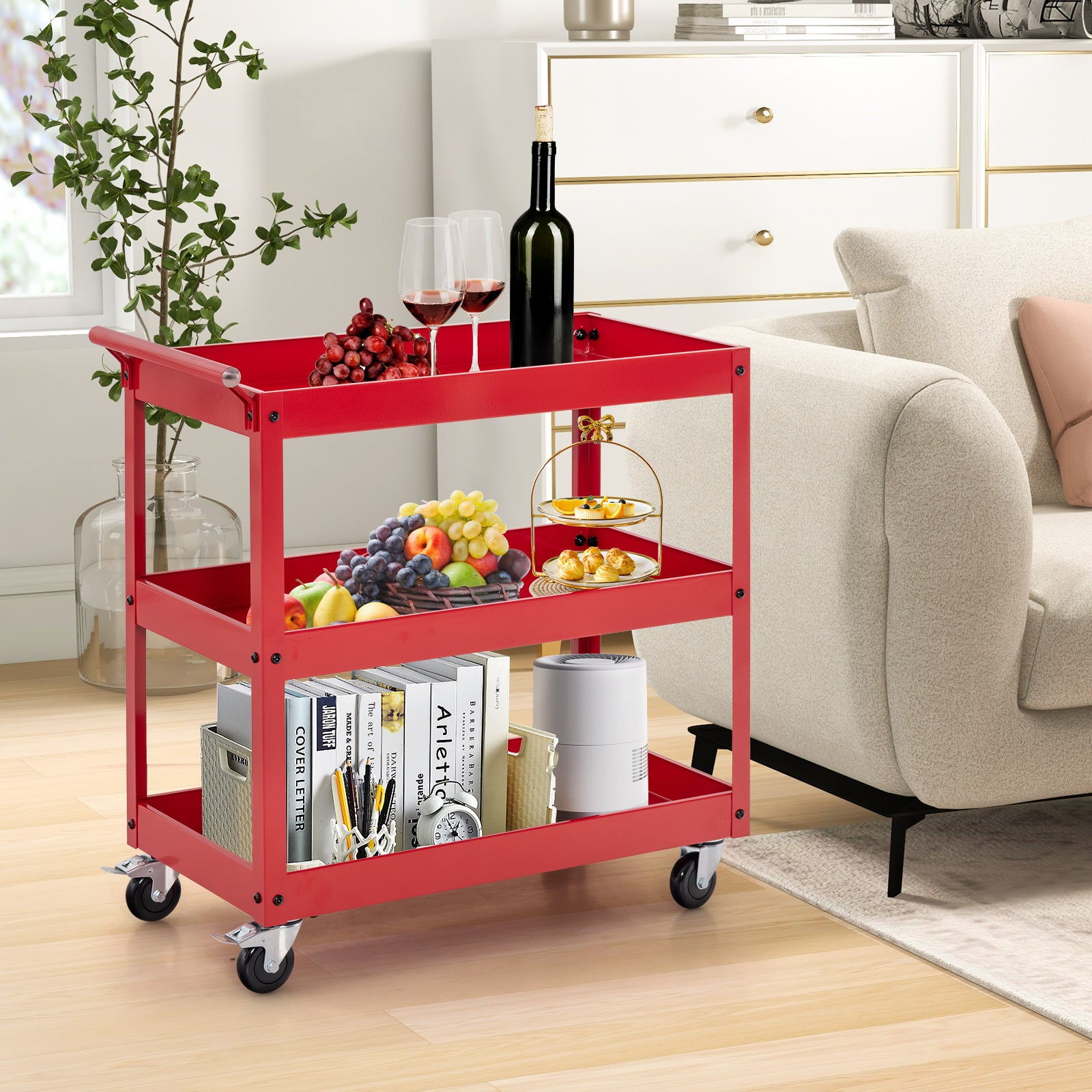 3 Shelf Rolling Metal Utility Cart with Ergonomic Handle-Red